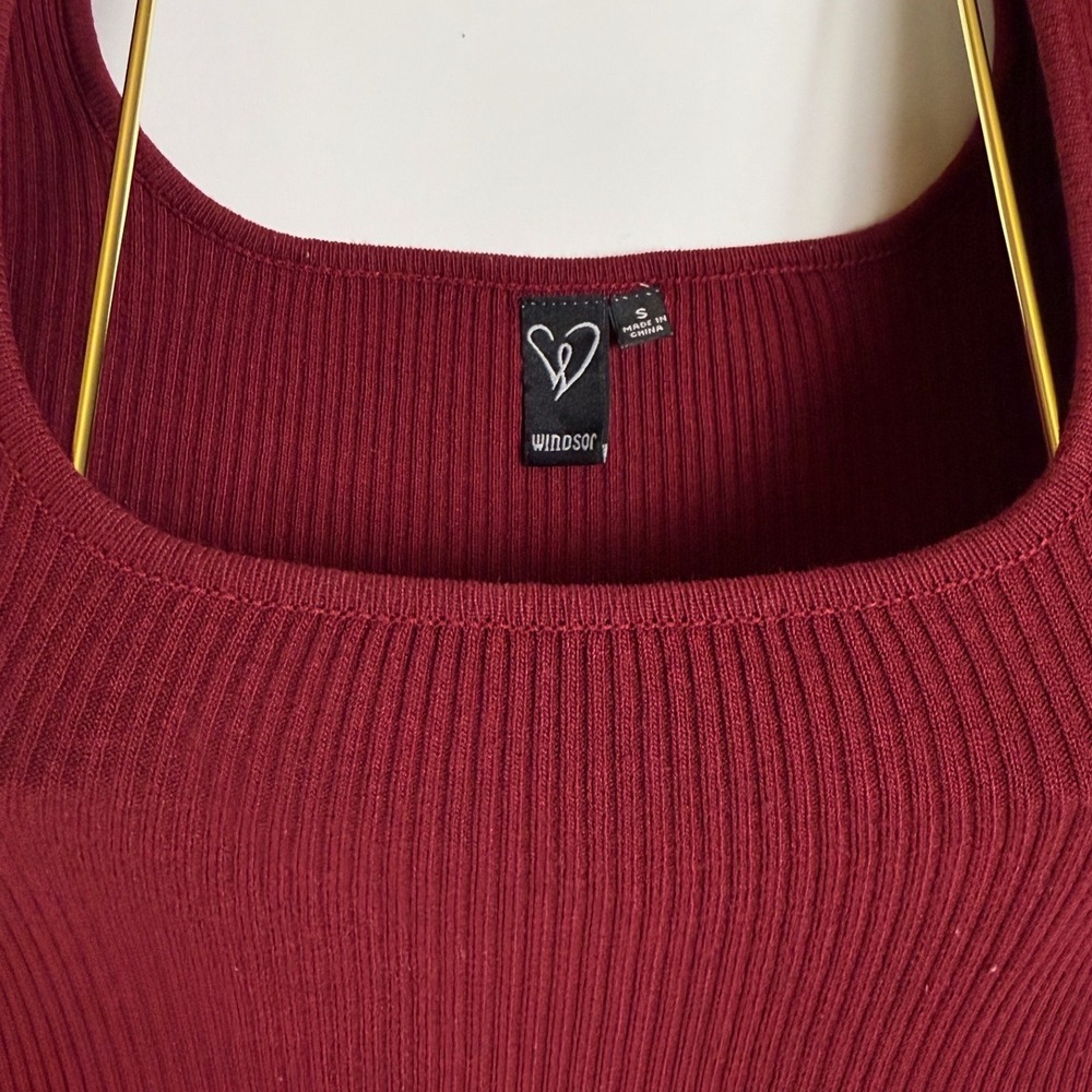 Windsor Ribbed Square Neck Long Sleeve Button Slit Maxi Dress Burgundy Size S‎ - Picture 5 of 8